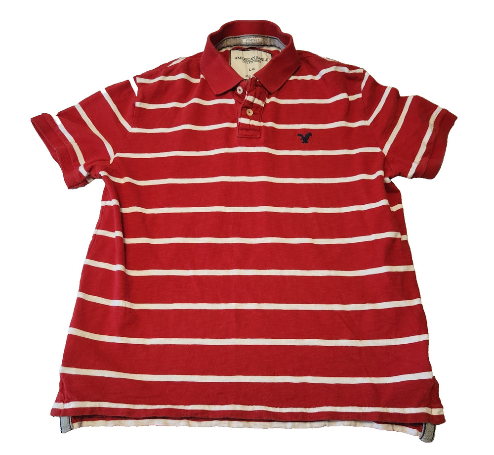 American Eagle Polo Shirt Red White Striped Athletic Fit Men's Large